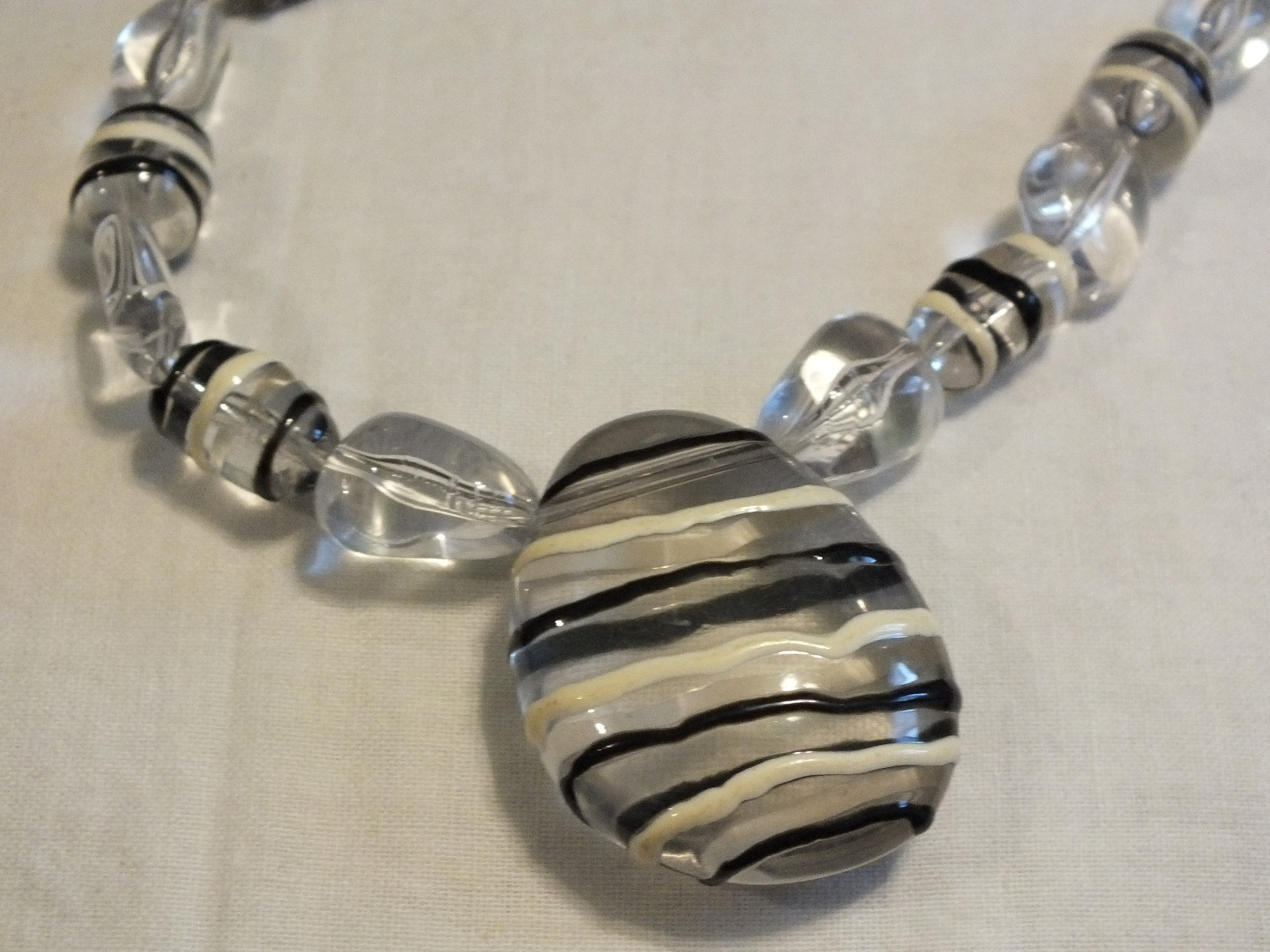 Beautiful Necklace Silver Tone Black Cord Clear Beads Black Off White Enamel