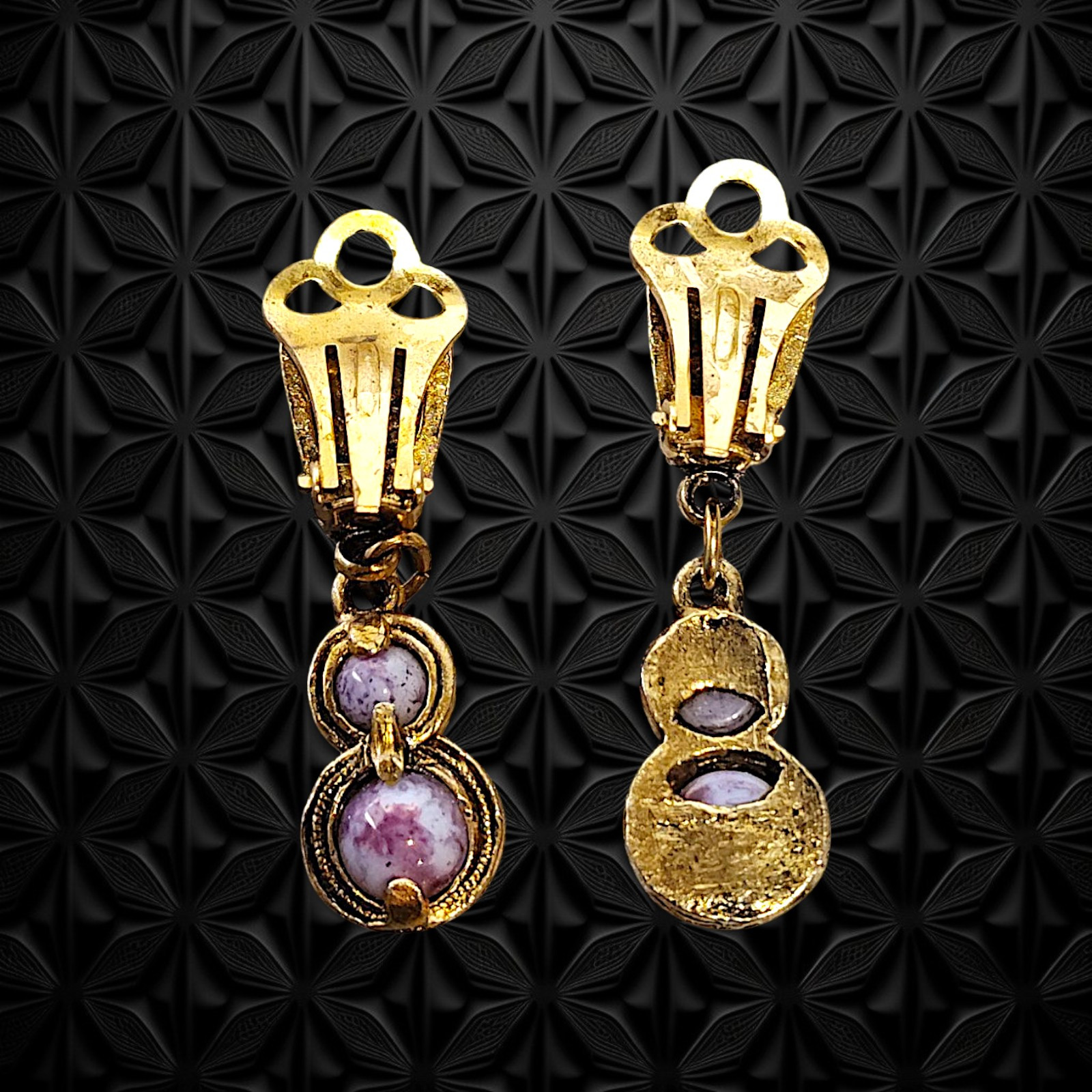 Vintage Gold-Tone Engraved Metal Black Outline With Two Purple Stones