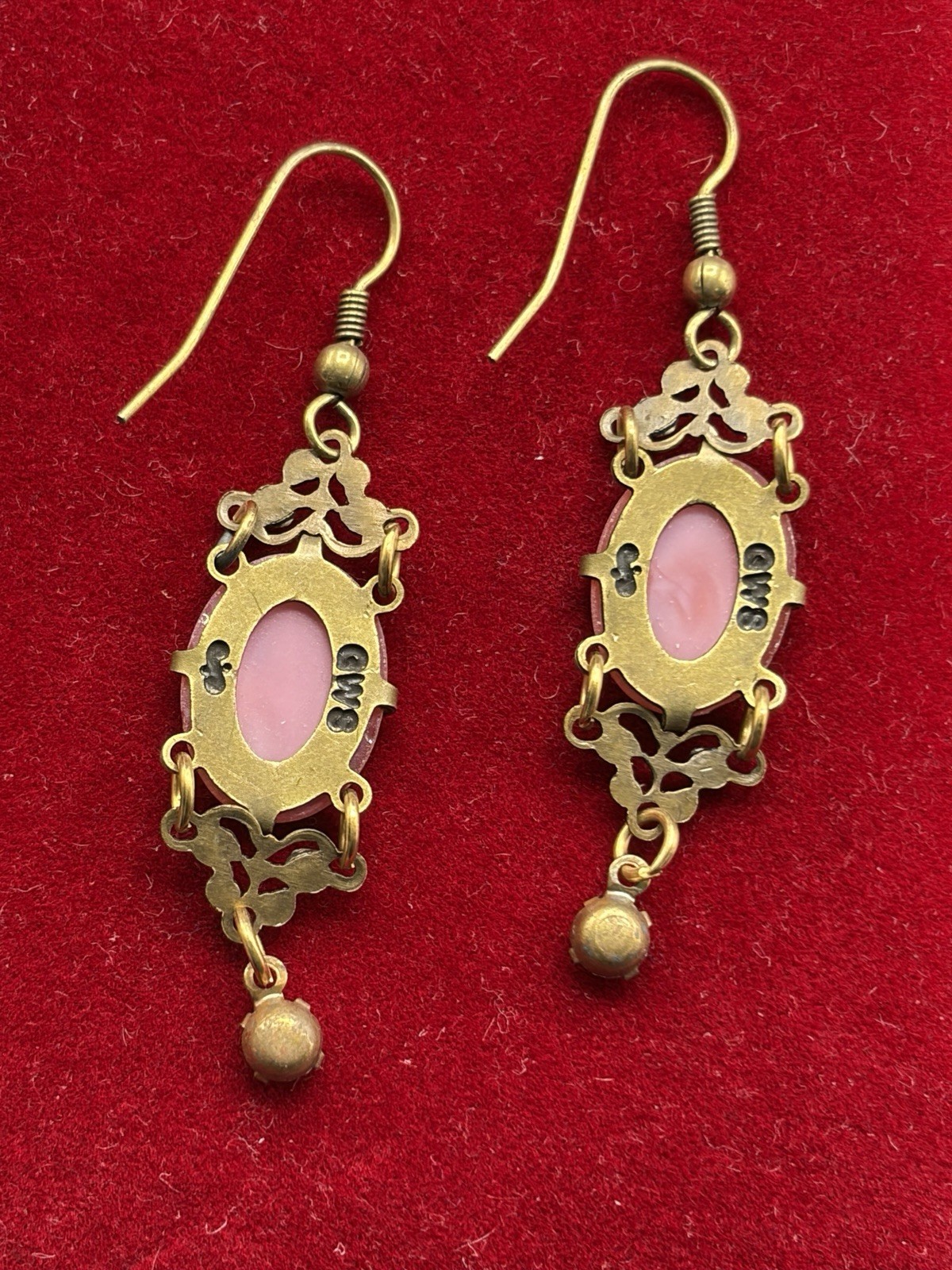 Glass Works Studio Earrings Pink Cameo Knight Dangles Openwork Gold Tone 2”