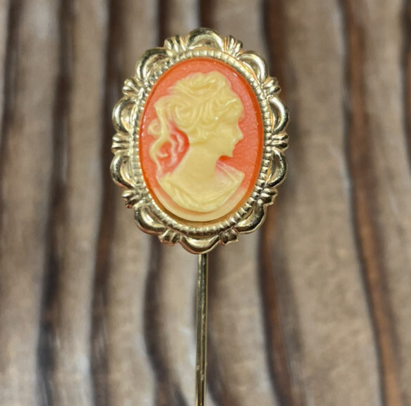 Carved Cameo vintage stick pin hat lapel gold tone orange cream jewelry