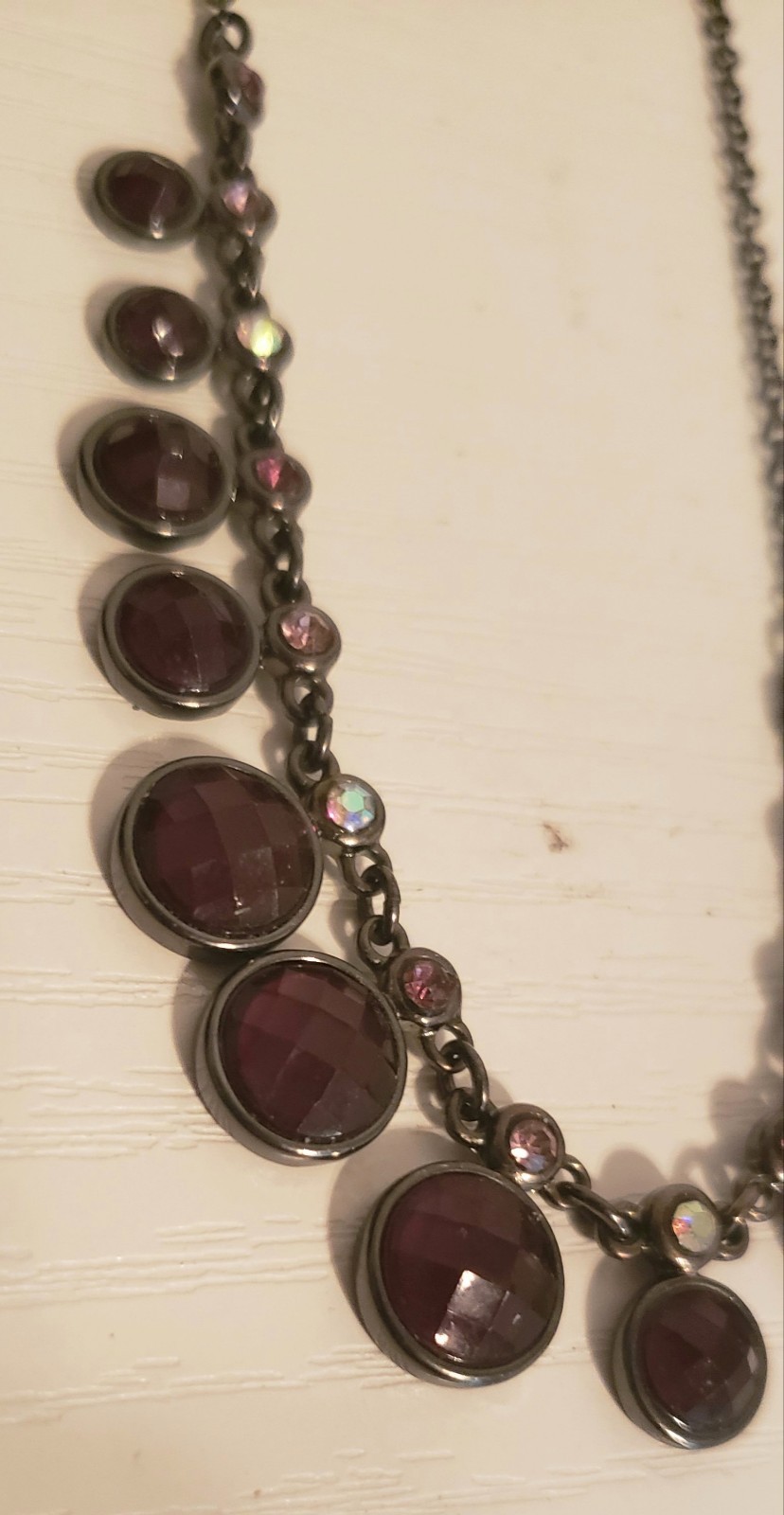 Vintage Red & Pink Teardrop Stone Necklace Gunmetal Chain – 18-20″