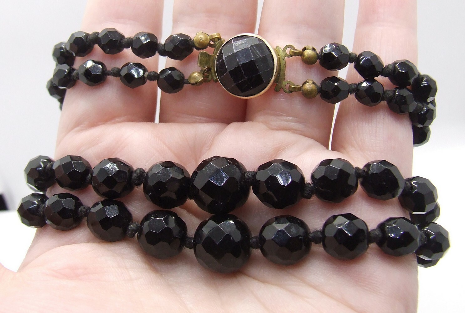18″ Knotted Double Strand Austrian Black Faceted Crystal Bead Choker Necklace