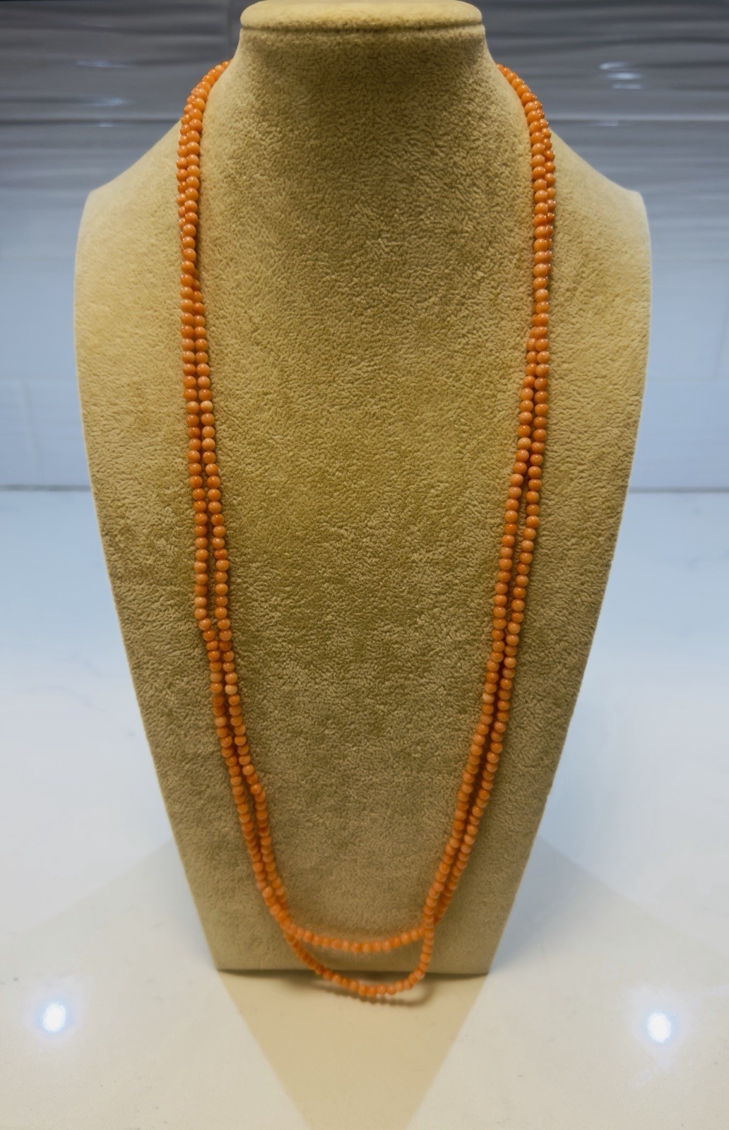 Antique Genuine Salmon Coral & Pearl Beaded Double Strand Necklace 32″ 14k Beads