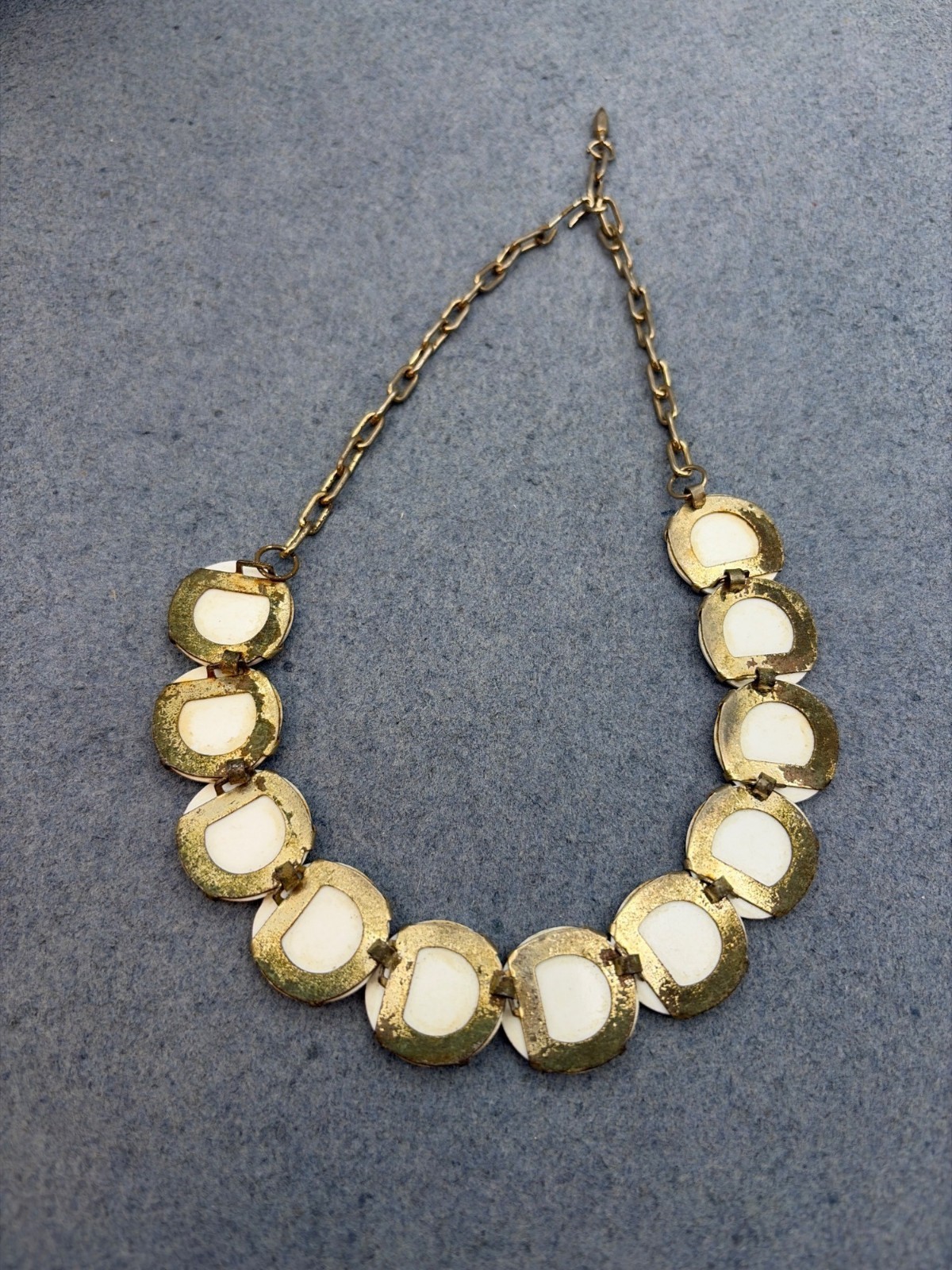 Vintage Swirl Necklace 16 In As Is White Disc Gold Chain Link Retro MCM Glam