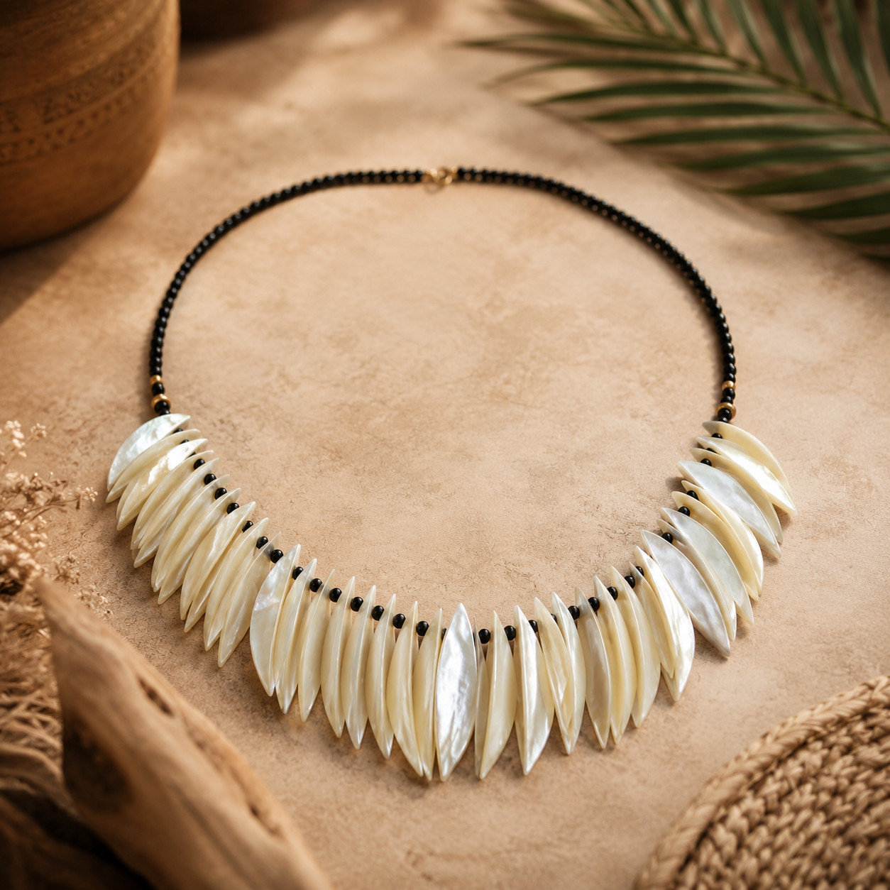 Vintage Mother Of Pearl Shell Fringe Bib Necklace Black Bead Tribal Boho 25″