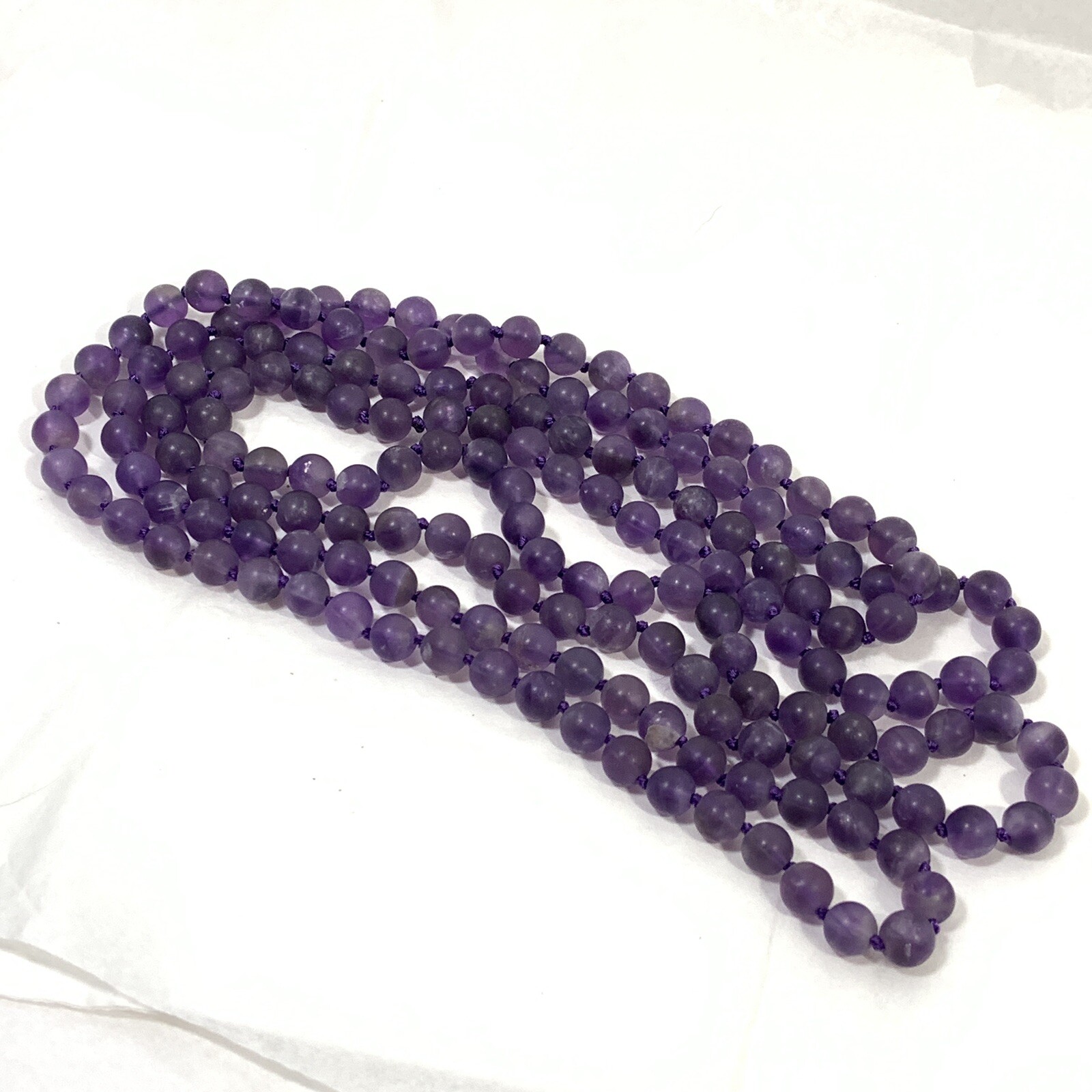 VTG Purple Amethyst Frosted Glass Bead Necklace Hand Knotted 63″ No Clasp 7mm