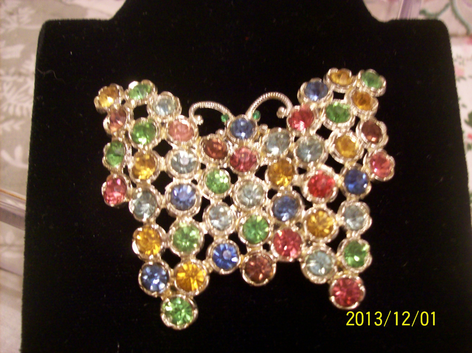 Brooch Large Vintage Czechoslovakia Multi-Colored Glass Rhinestone Butterfly