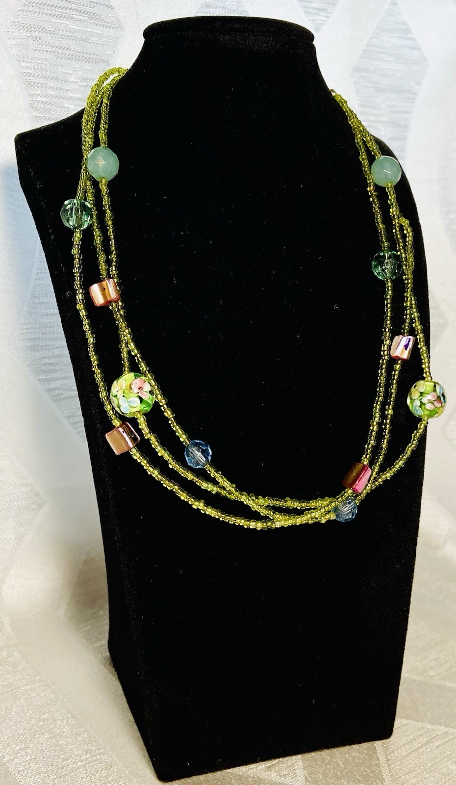 Vintage Multi Strand Beaded Necklace Floral Green Milleflori Style Adjustable