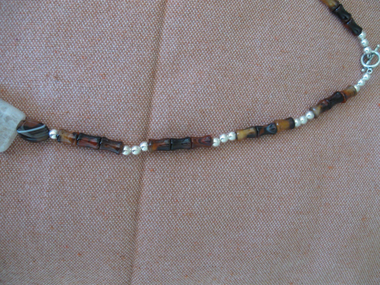 Vintage Original 26″ Agate & Amber Necklace Beaded/Silver Beads & Toggle Clasp