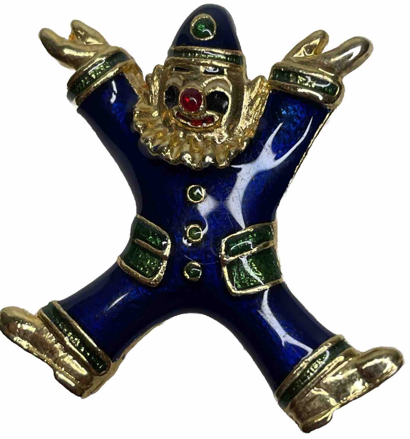 Vintage Blue Red Enamel Clown Brooch Pin Gold Tone 1 1/2″ across