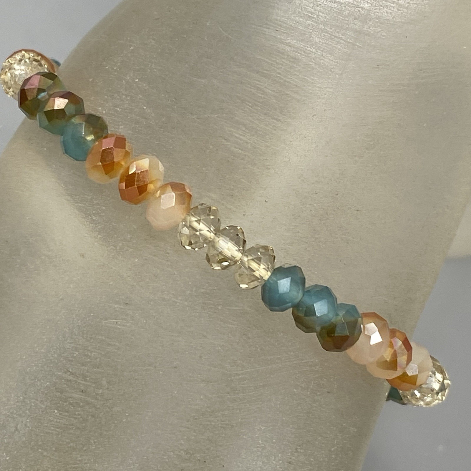 Glass Beaded Bracelet Blue Brown Clear Fire Polished Faceted Stretch Elastic 7″