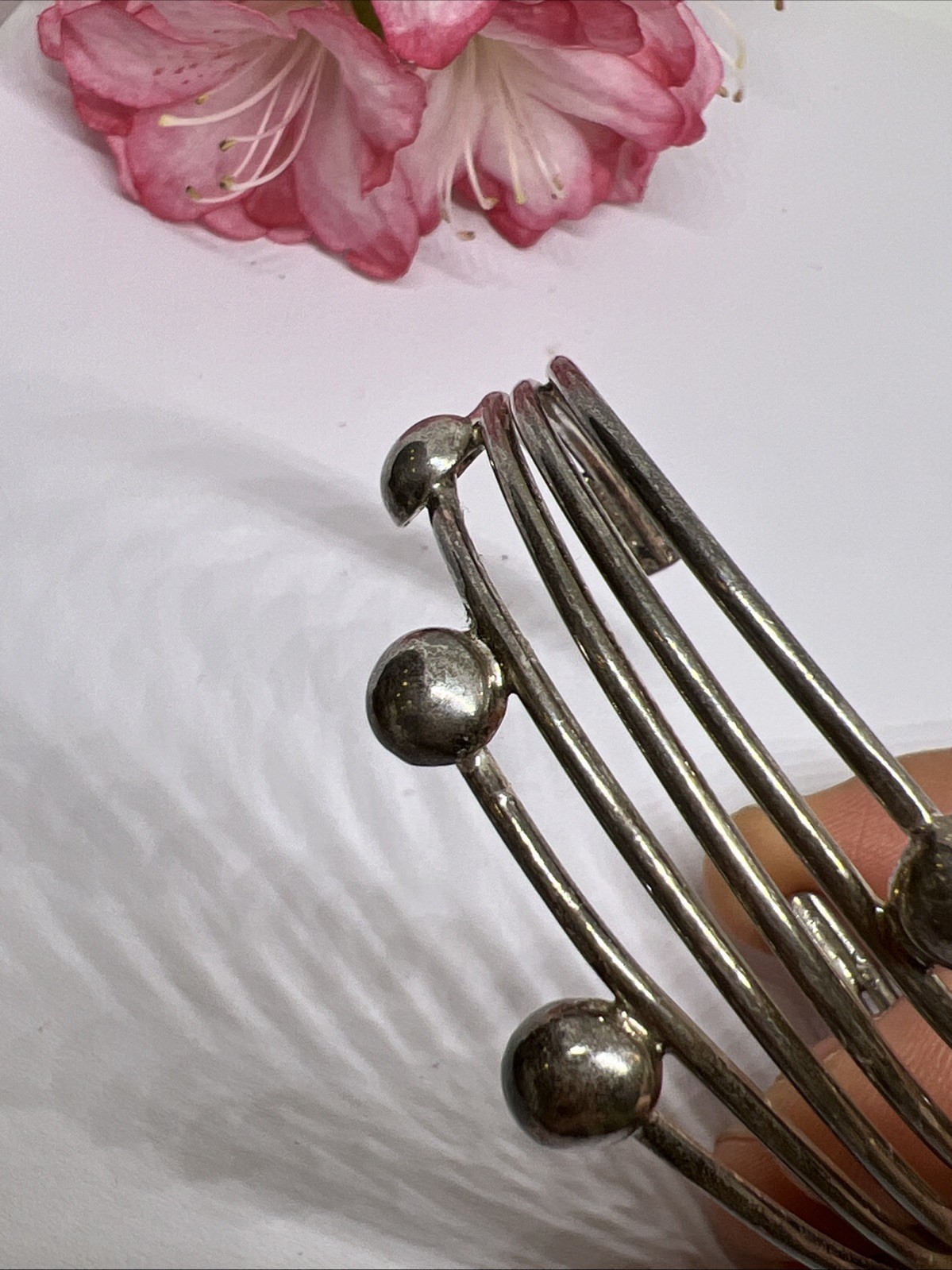 Vintage Signed 925 Multi-Wire Open Cuff Bracelet w/ Silver Balls 21.4g