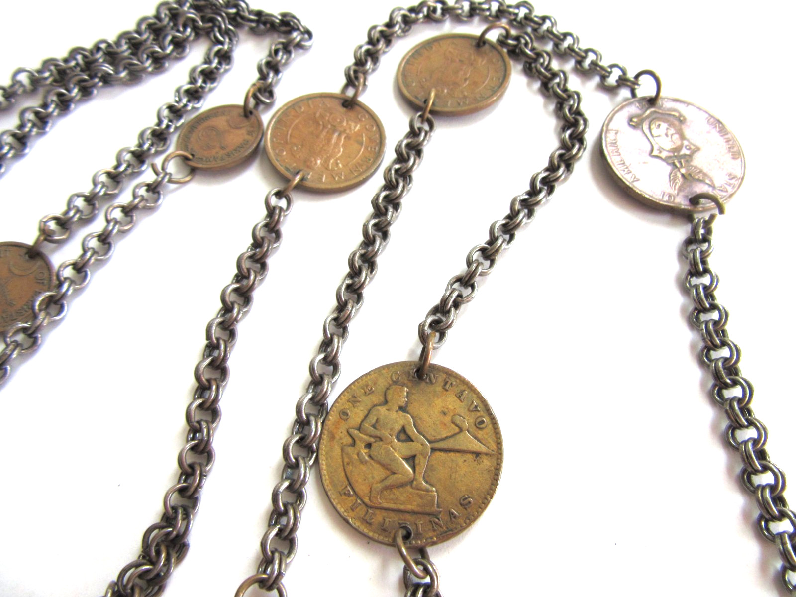 Vintage Travel 1950s Coins stations 54″ long chain necklace with 11 coins