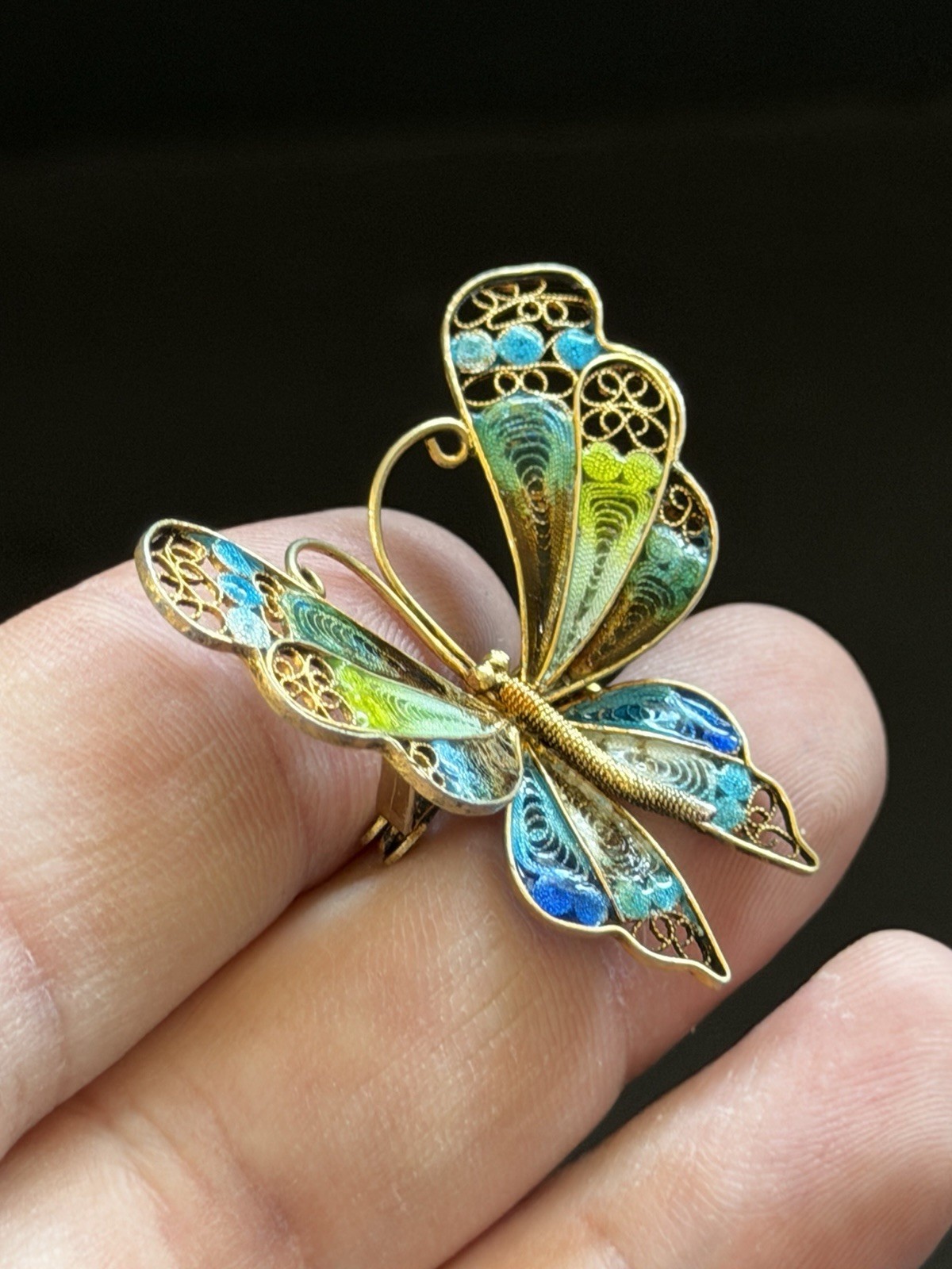 Vintage 800 FIne Silver Gold FInish Multi-Color Enamel Filigree Butterfly Brooch
