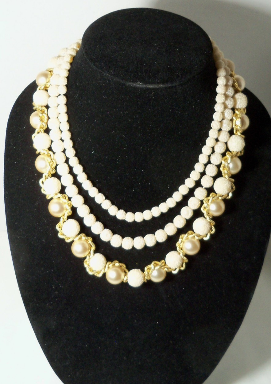 Vintage Japan Multi Strand Necklace Imitation Pear Chain Wrapped Coated & Beads