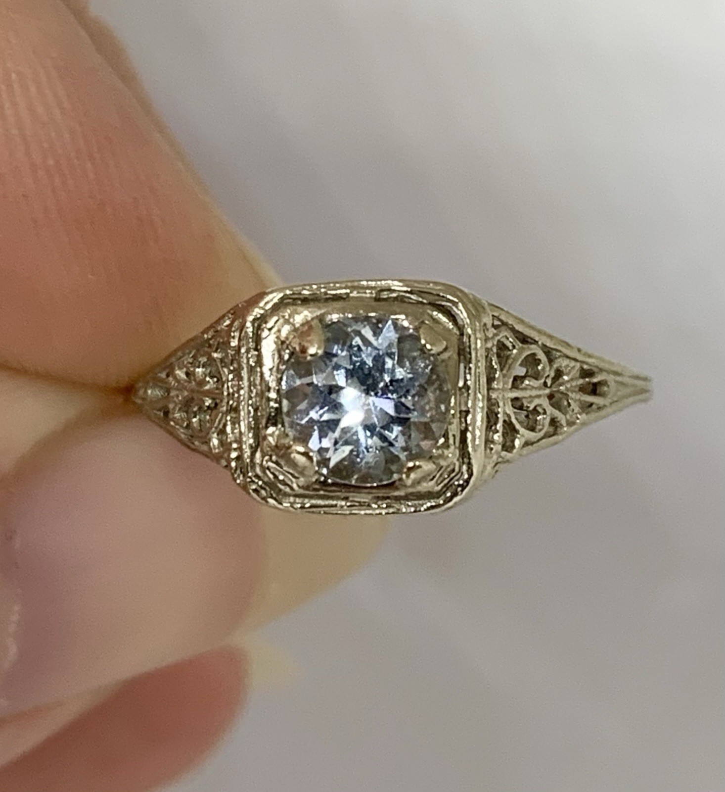 Art Deco Vintage 14k White Gold .5ctw Light Blue Aquamarine Filigree Ring Sz6.5