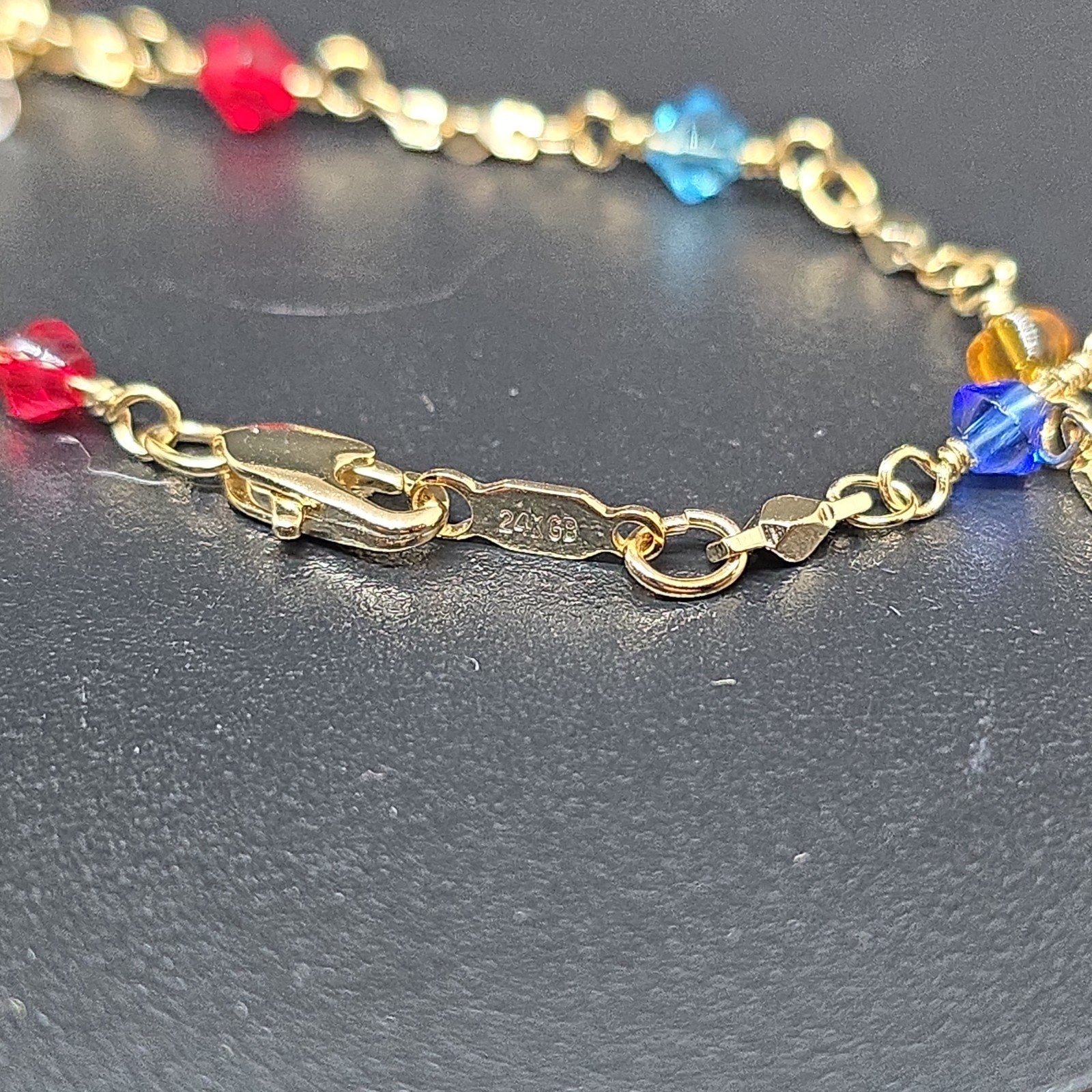 24k Gold Bond (Filled) Multi Color Crystal Glass Faceted Bead Necklace 19″