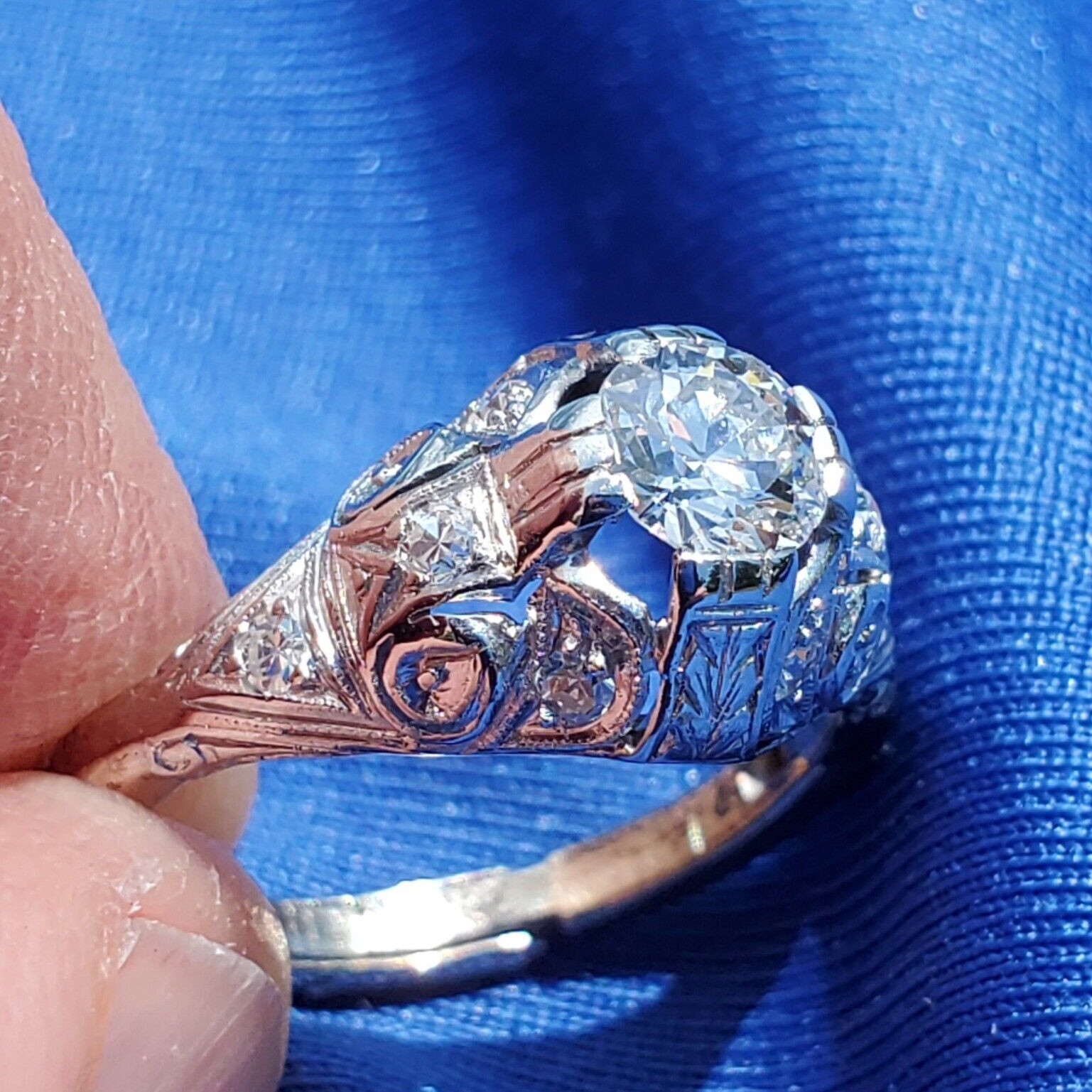 Original EARTH MINED DIAMOND art DECO Engagement Ring Vintage PLATINUM Solitaire