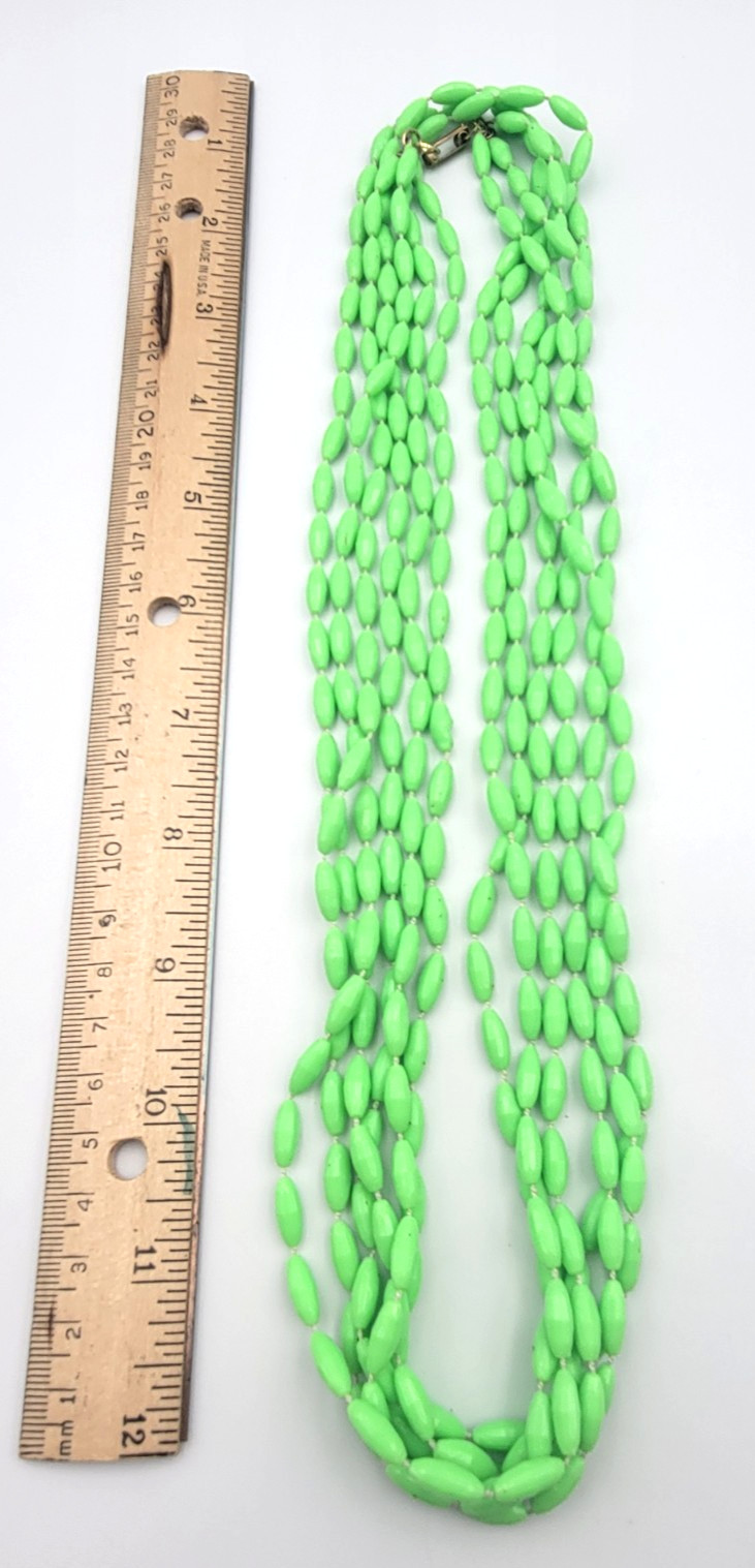 Vintage Lime Green 3 Strand Plastic Bead Necklace Hong Kong Long 50″