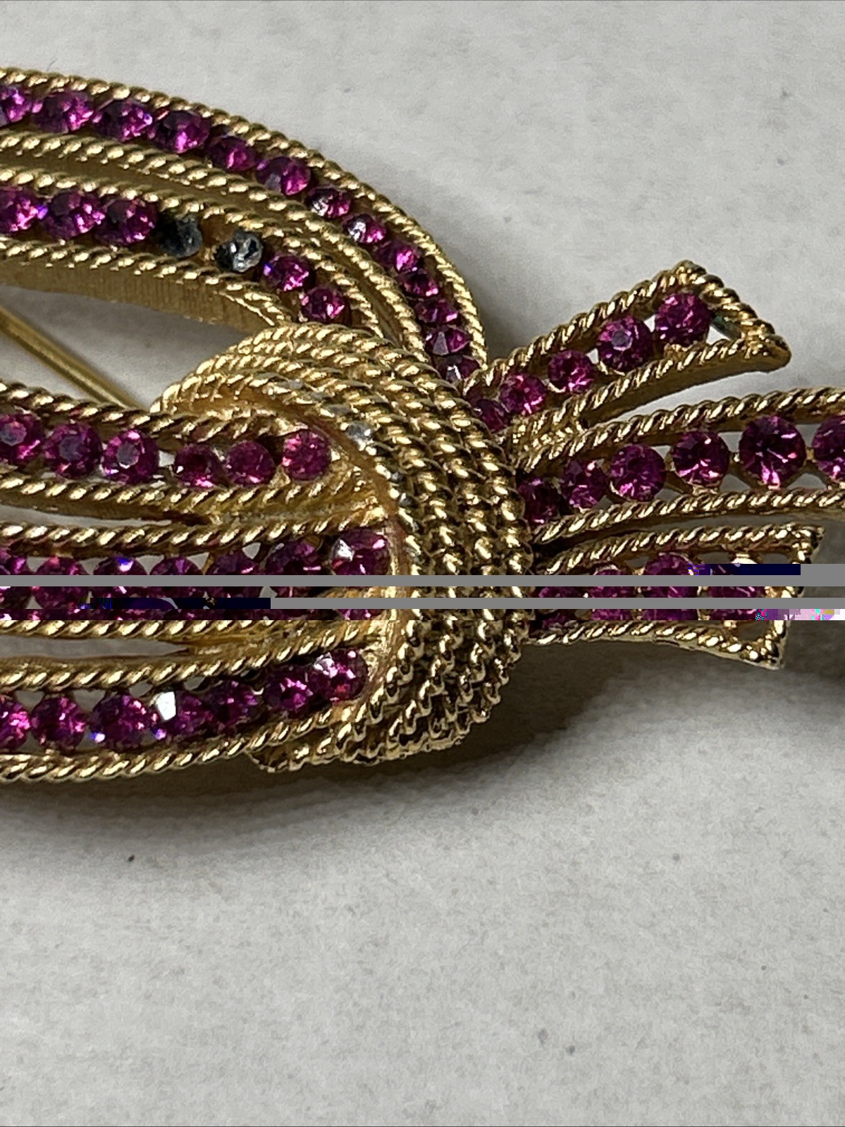 TRIFARI Signed Fuschia Pink Flow Ribbon Bouquet Brooch Missing Some Rhinestones