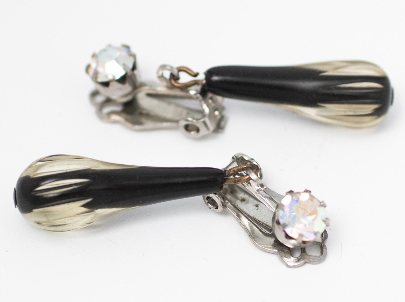 1950s Vintage Earrings Black Cased Glass Dangle Drop Aurora Borealis Rhinestone