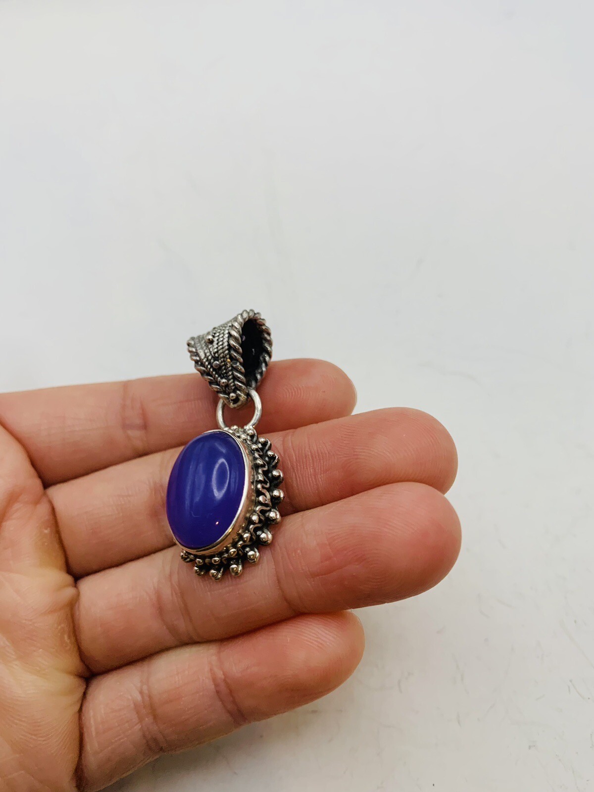 Vintage Sterling Silver Bohemian Purple Blue Oval Dainty Natural Stone Pendant