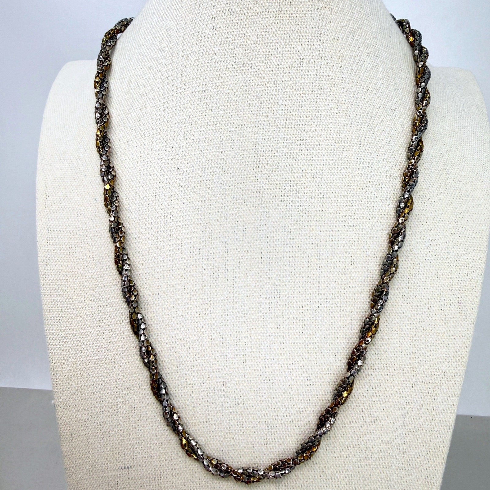 Vintage Two Tone Twisted Mesh Chain Necklace Barrel Clasp Textured