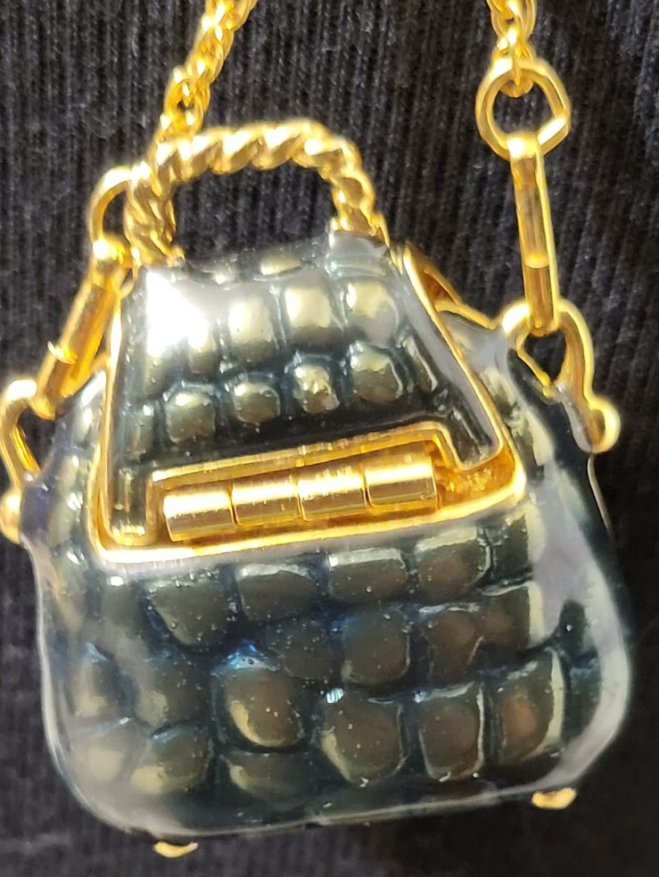 Vintage Enamel Purse Necklace stamped 1990 Goldtone & Blue