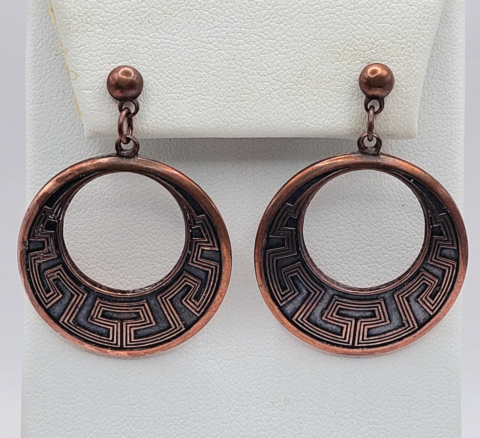 Vintage Sunbell Circle Copper Color Metal Dangle Drop Hoop Earrings Southwest