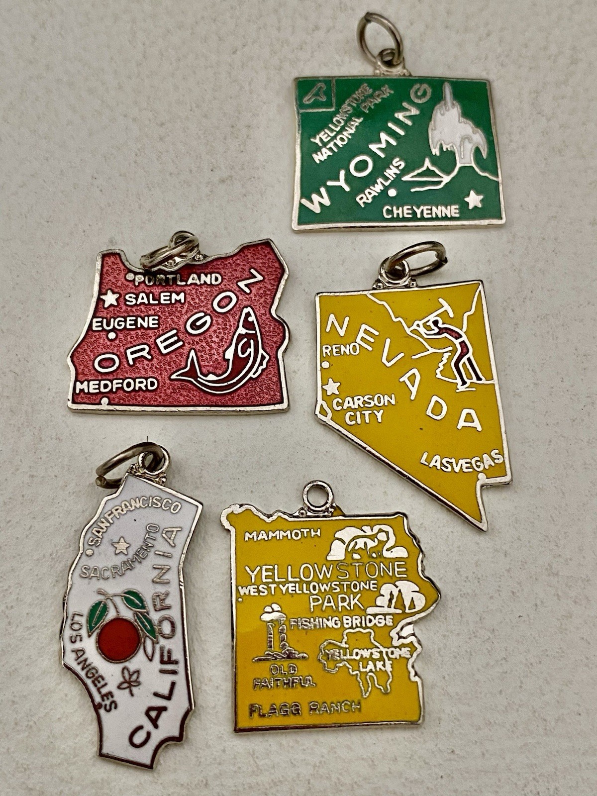 Vintage US Map Charms Retro Silver Cloisonné Enamel