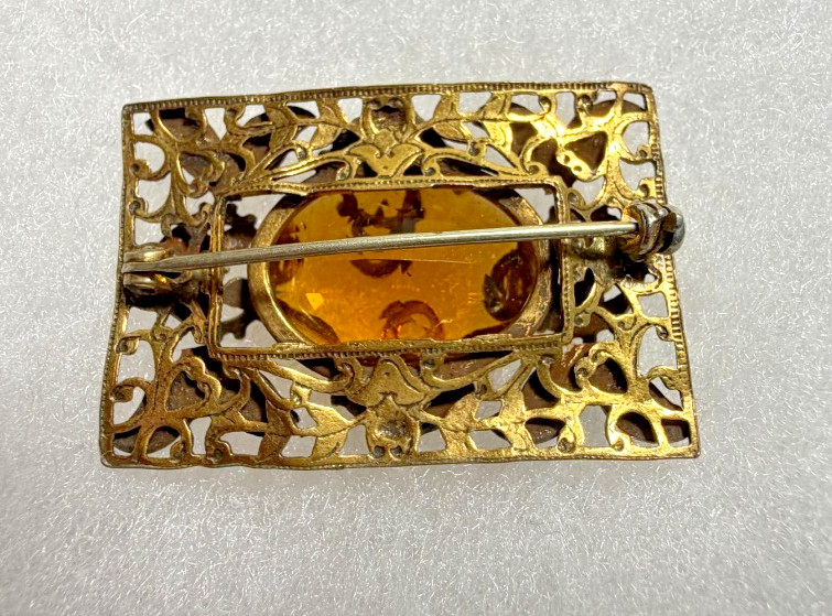 Vintage Brass Filigree Faux Topaz Brooch