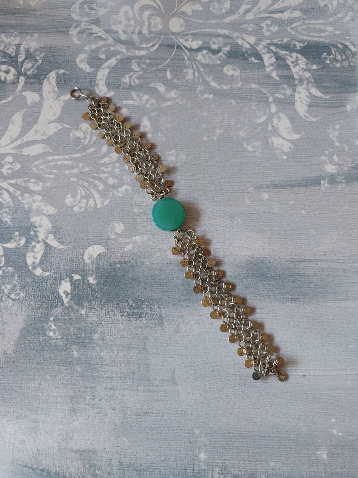Vintage bracelet silver tone link wire wrap spirals green onyx stone 6 1/2″ long