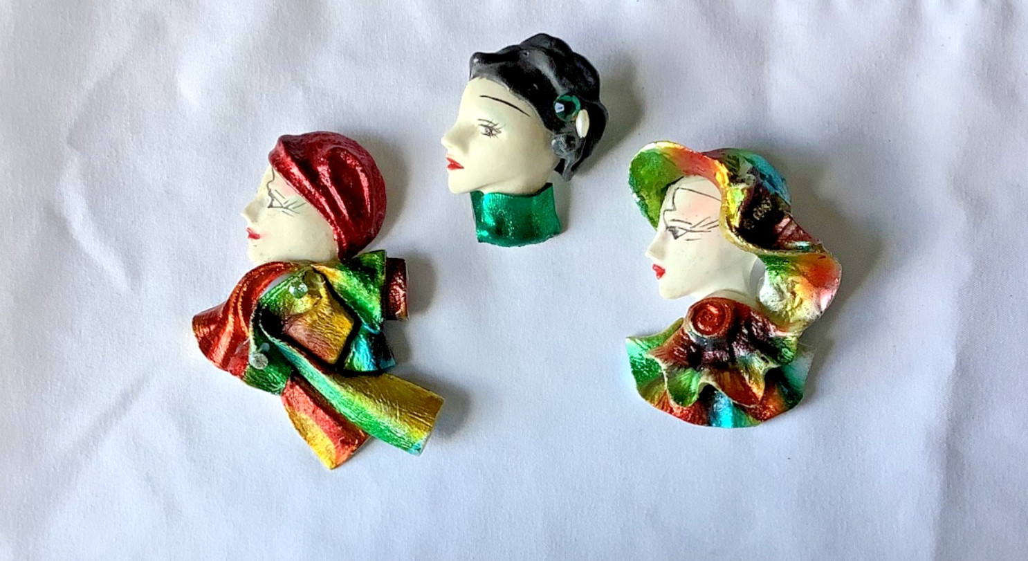 3 Vtg Art Deco Style Lady Face Vogue Brooch Pin Head Rainbow Foil Resin B113