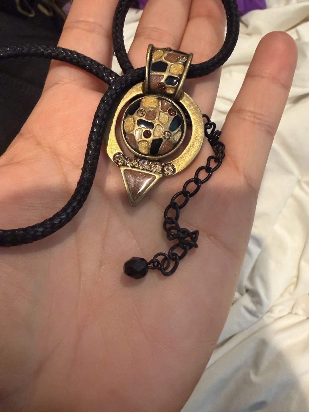 Chico’s Vintage Gold-Tone Mosaic Geometric Pendant Necklace on Black Cord