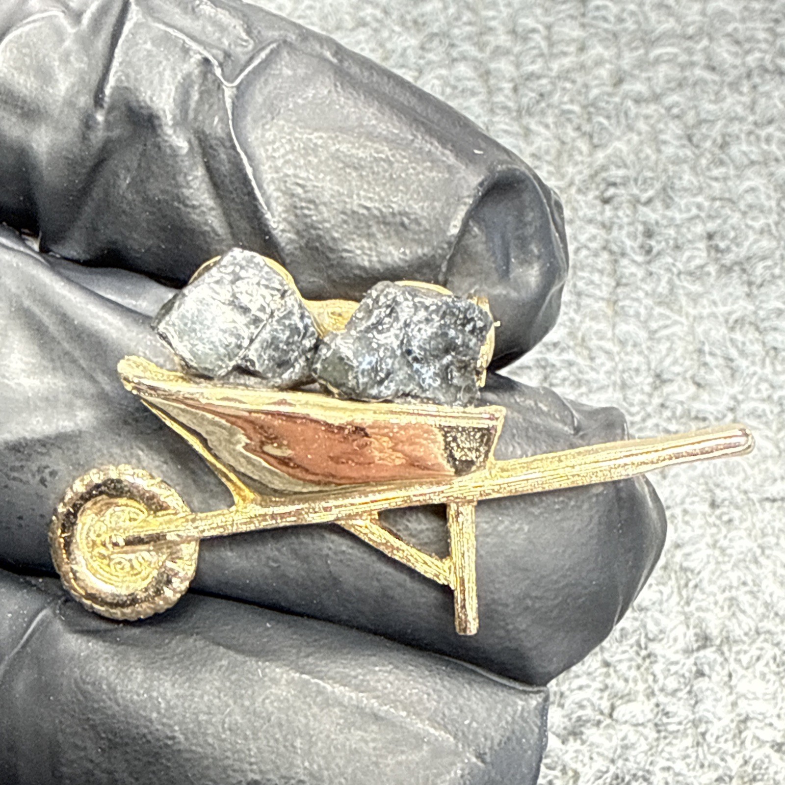 Vintage Tiny Coal in Wheelbarrow Brooch Pin Novelty Jewelry