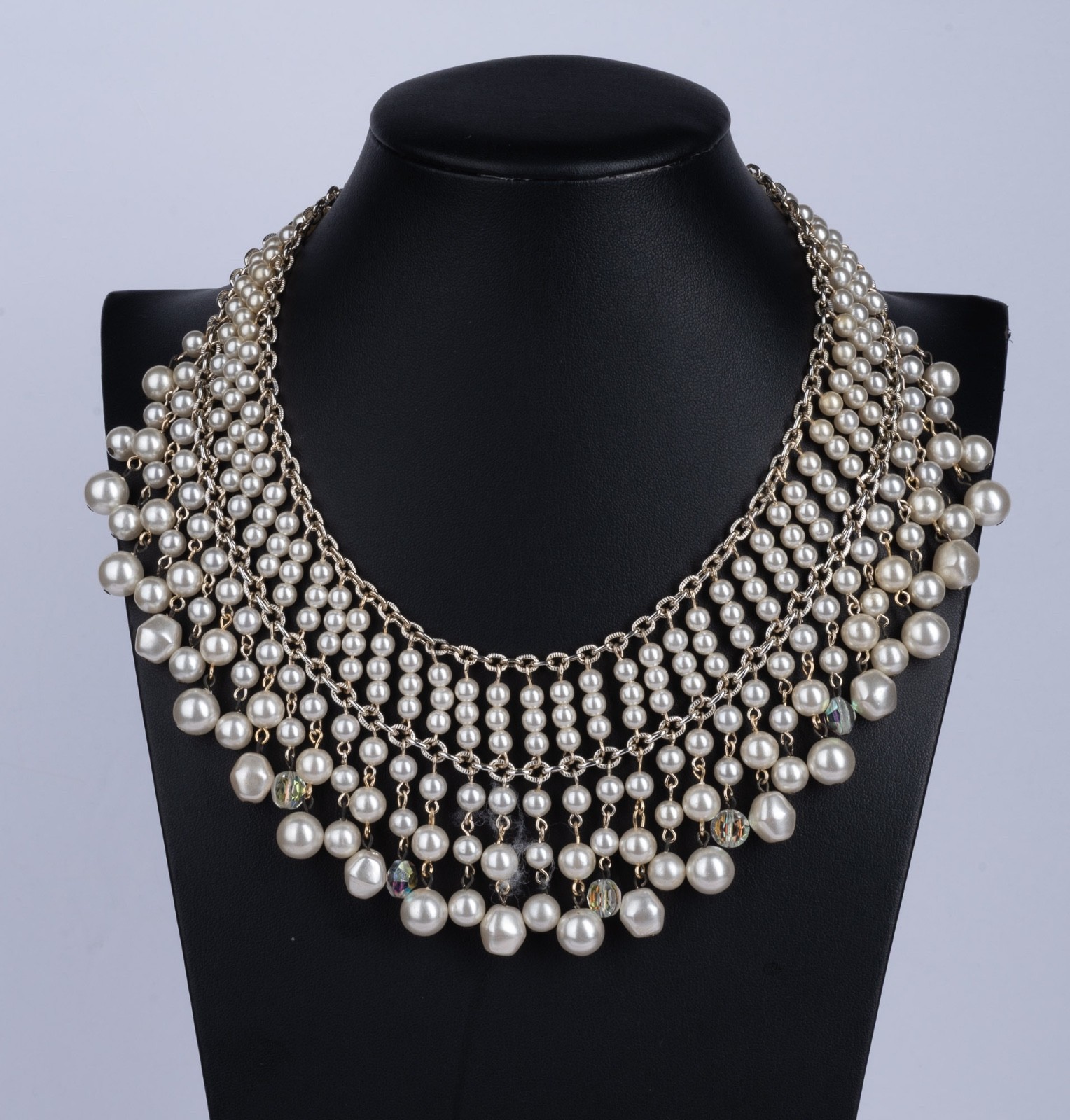 Vintage Faux Pearl Bib Collar Necklace Beaded Fringe Crystal Accents 17″