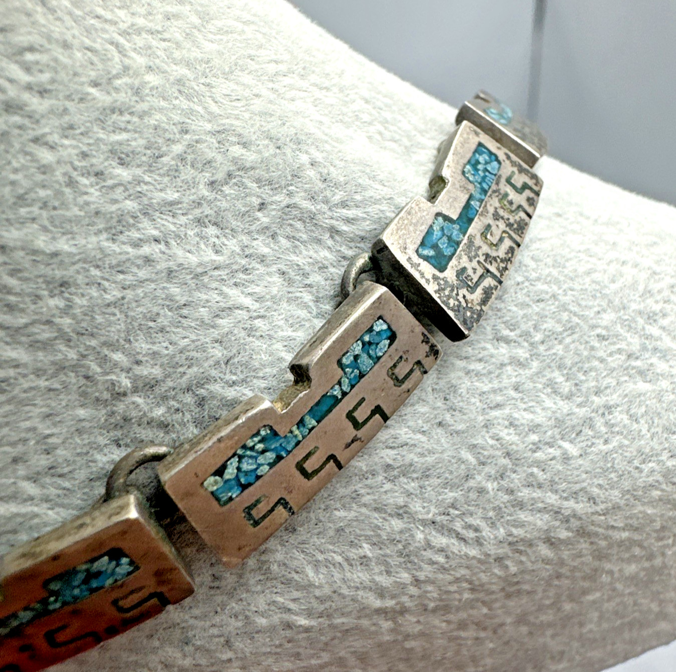 Vtg Taxco Sterling Turquoise Chip Inlay Panel Necklace 16.5″ 91.5g Signed PVB