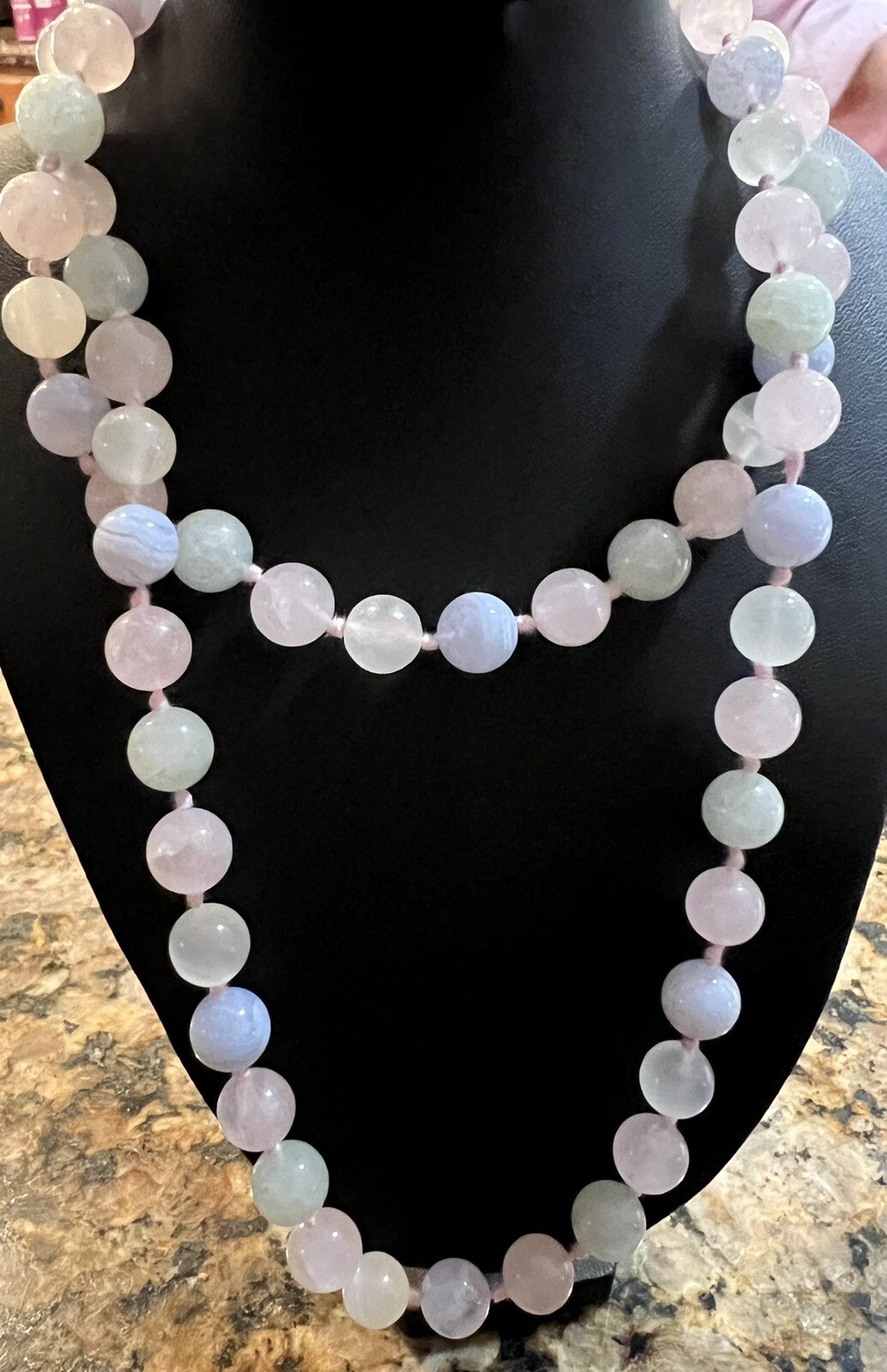 Vintage Multi Color Pastel Quartz Round Bead Long 33” Knotted Necklace
