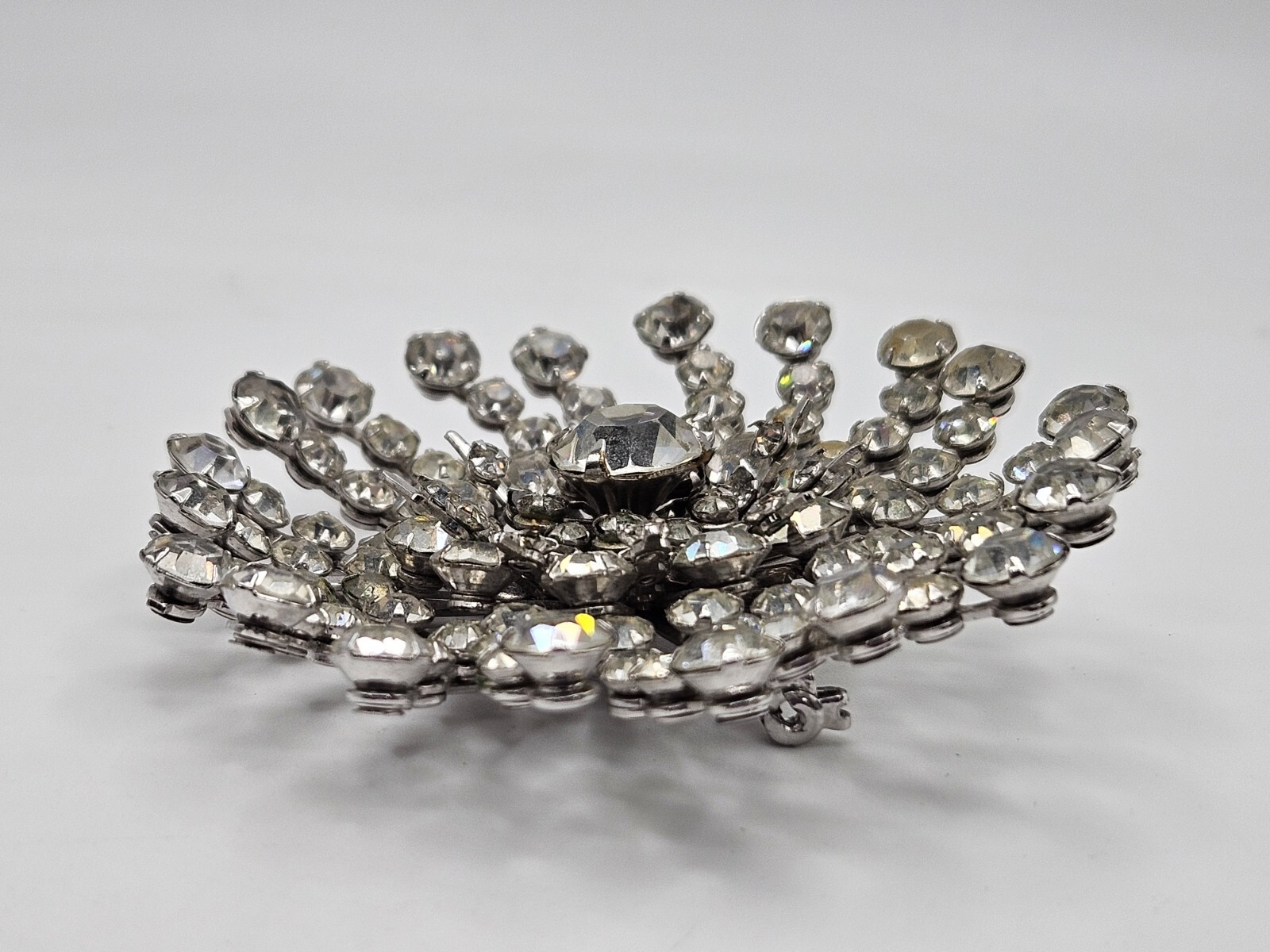 Vintage Clear Glass Rhinestone Pinwheel Large Brooch Pin