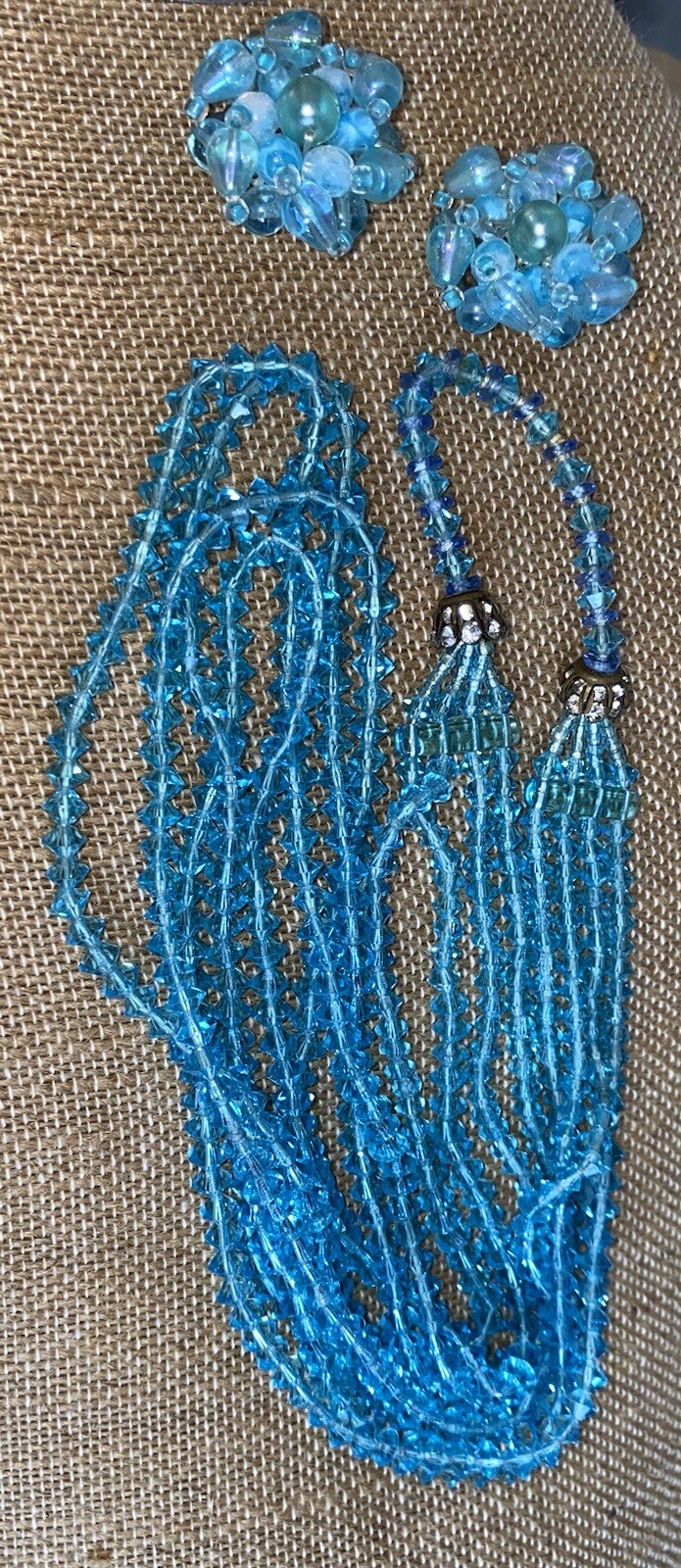 Signed On Earrings, Germany, Iridescent Clip On Earrings, Blue Crystal Necklace