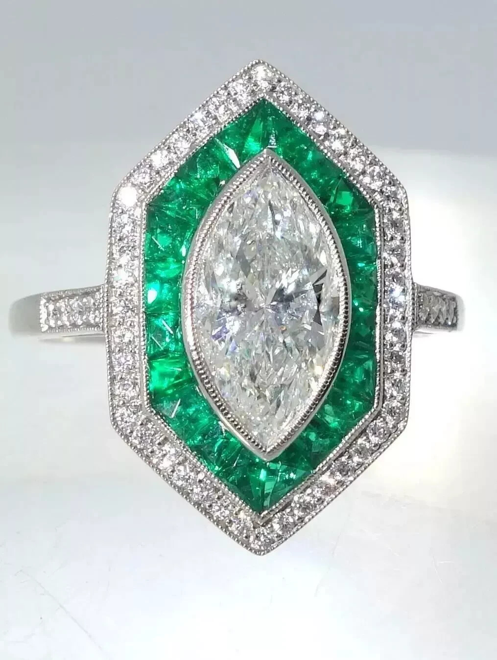 Art Deco Vintage Style Marquise Lab Created Diamond Emerald Wedding Silver Ring
