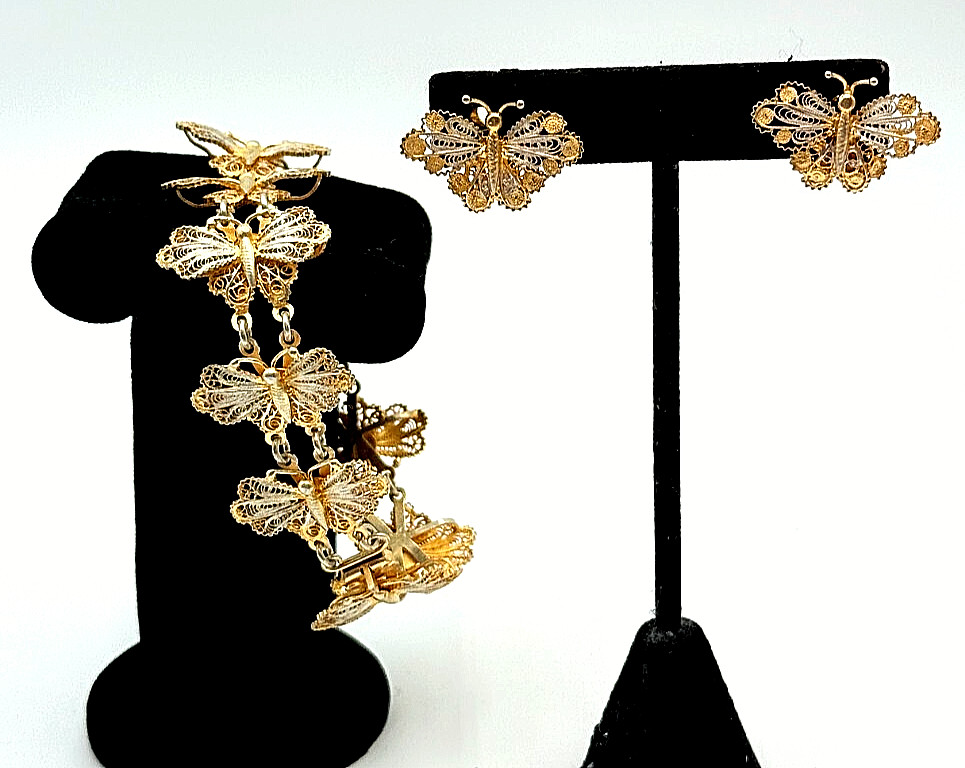 Antique 800 Silver Gold Wash Butterfly Filigree Link Bracelet & Clip On Earrings