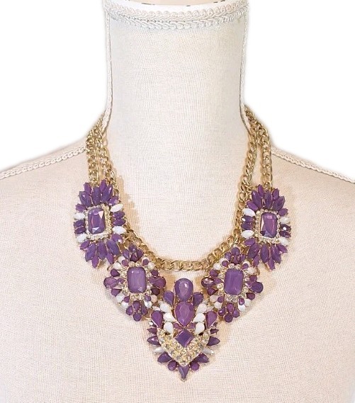 VTG Retro Goldtone Purple Resin Gem Statement Bib Necklace Regal Floral Cluster