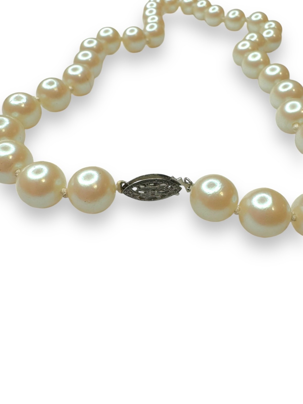 Faux Pearl Necklace Sterling Silver Fish Hook Clasp Vintage 16″