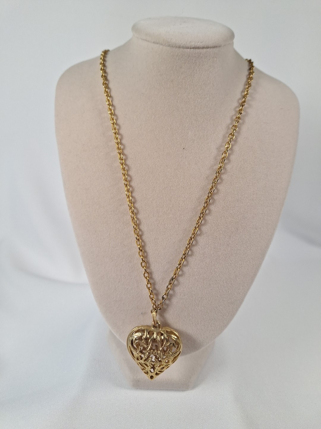 Goldtone Filigree Puff Heart Shape Pendant Necklace