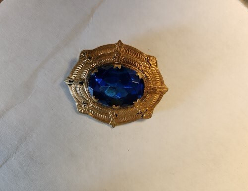 Vintage Brooch Pin Filigree Gold Filled Glass Blue Faceted Stone B20