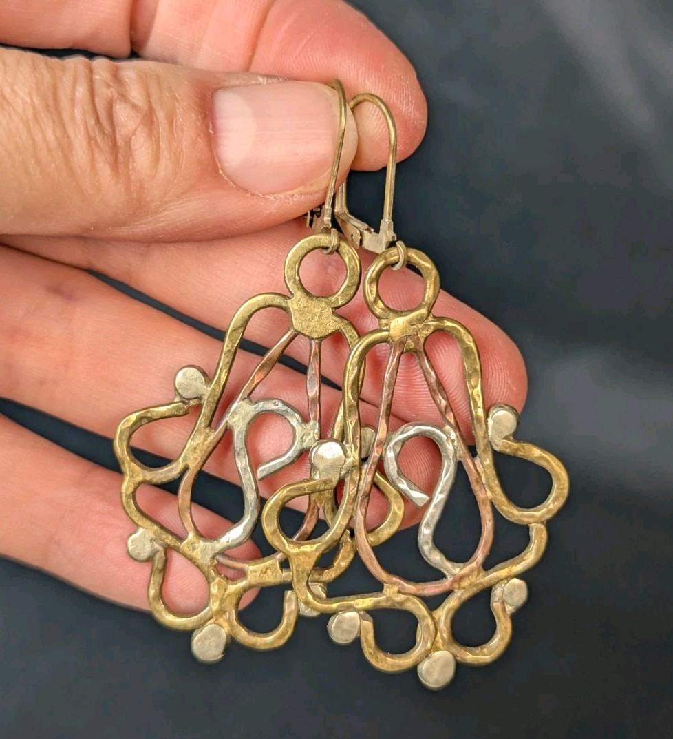 Vintage Artisan Mixed Metal Hammered Copper Brass Open Work Dangle Earrings
