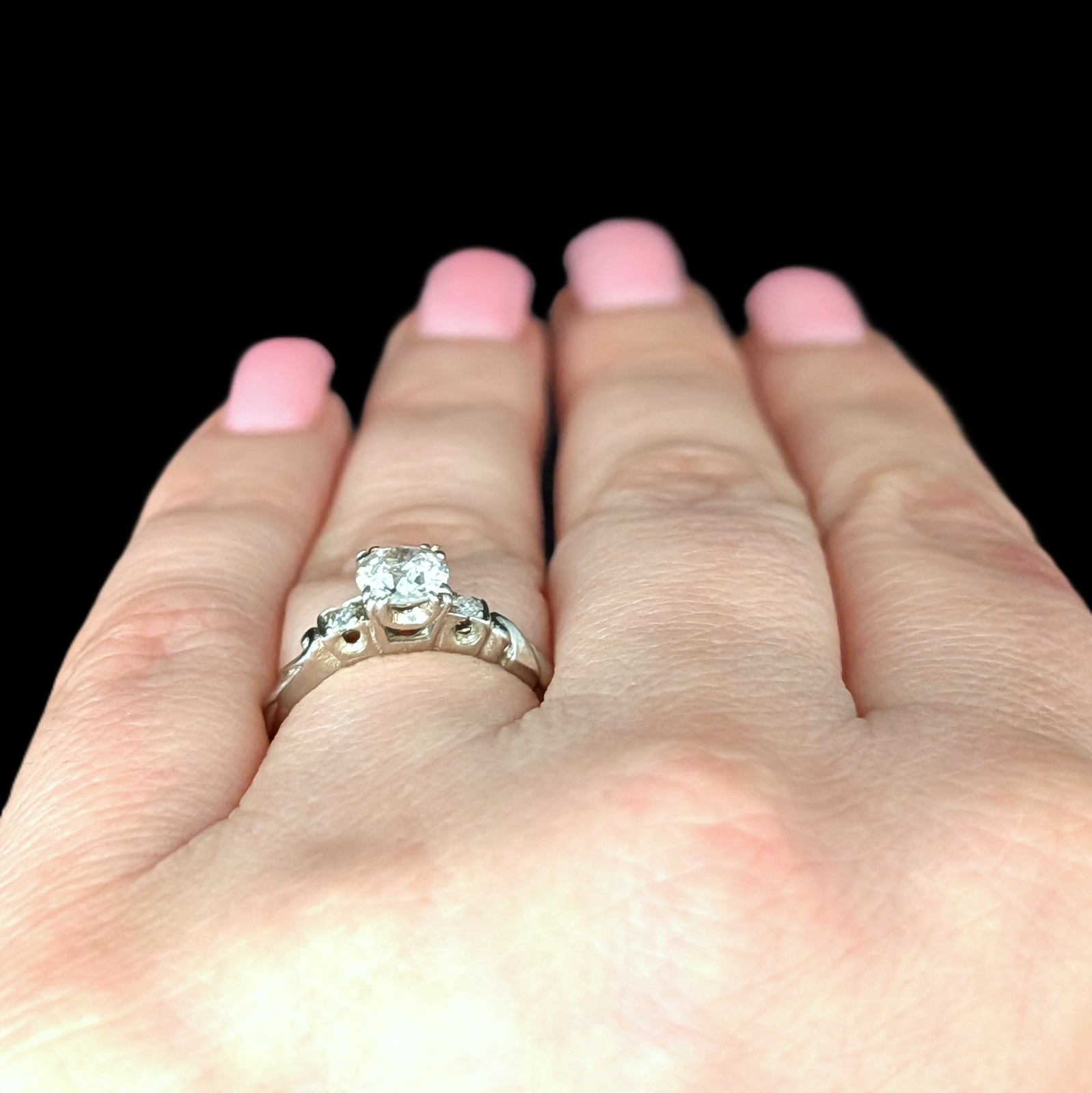 Vintage Old European Cut Diamond 14k White Gold Engagement Ring Estate Retro