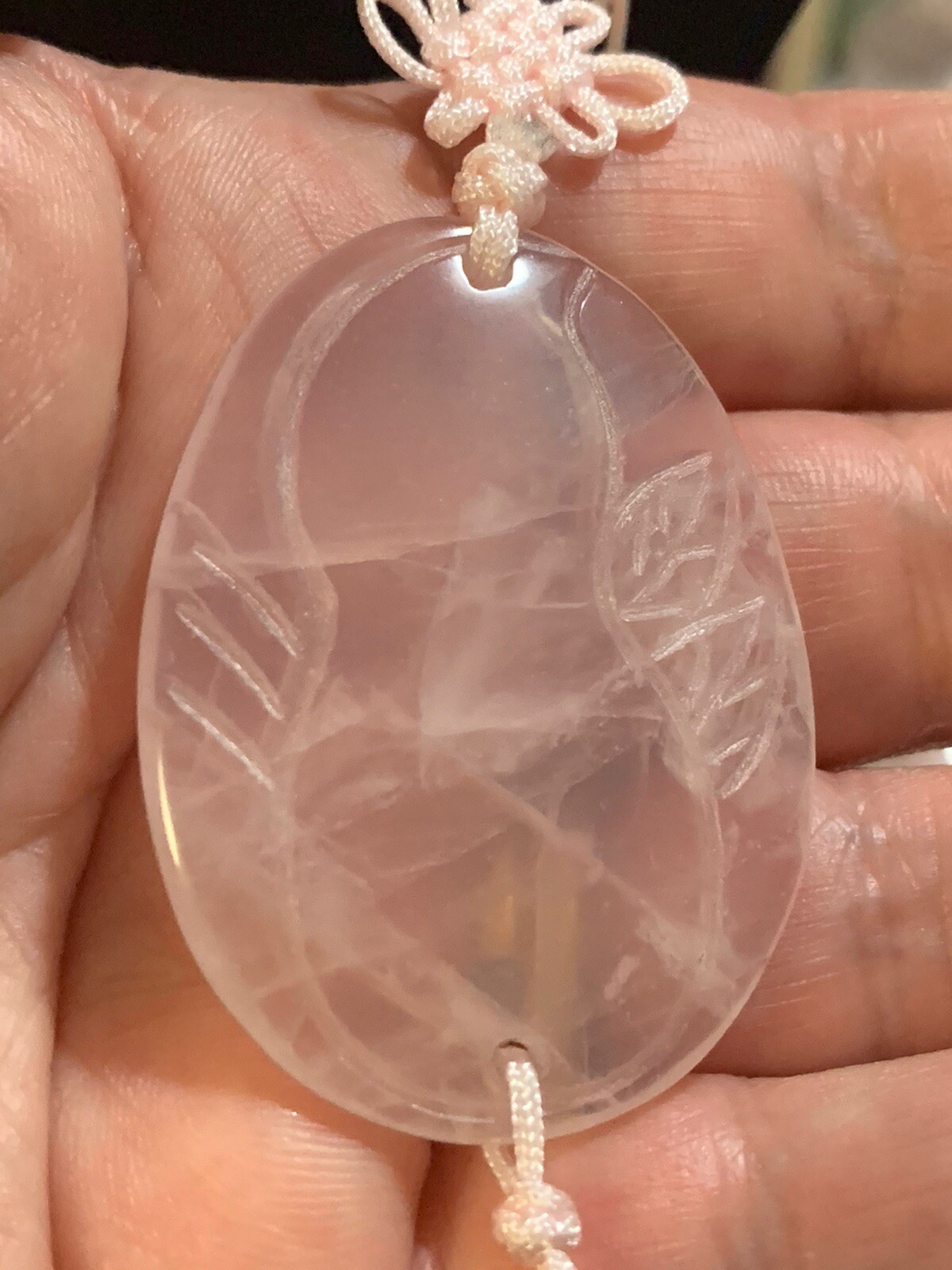 21″ VINTAGE CHINESE EXPORT CARVED PINK ROSE QUARTZ TASSEL PENDANT NECKLACE