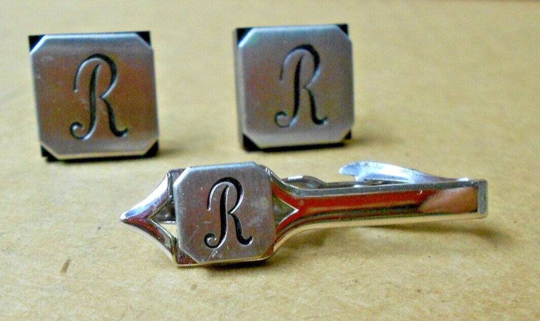 R Monogram Initial Letter Font Vtg SWANK Cuff Links & Tie Bar Clip Set